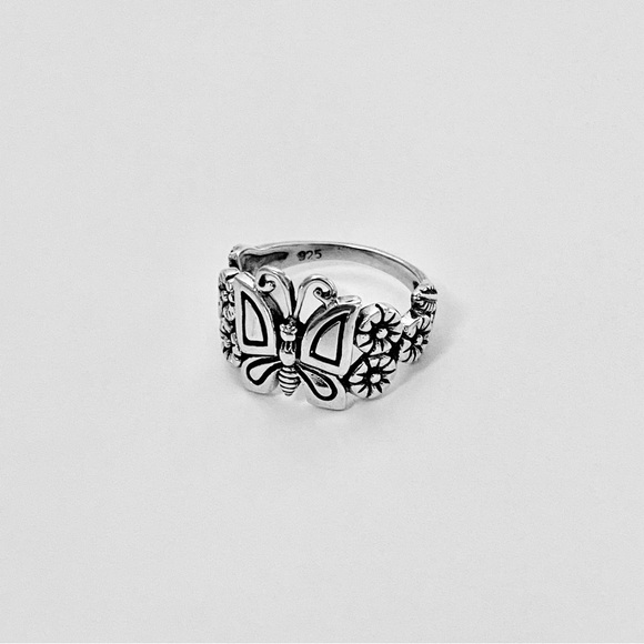 Sterling Silver Statement Butterfly and Plumeria Ring, Flower Rings, Bug Jewelry - Picture 10 of 13